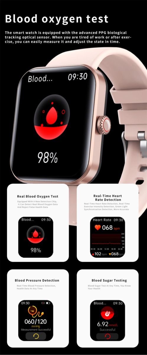 F57L Montre intelligente Glycémie Tension artérielle Fréquence cardiaque Température Surveillance sportive 1,91 pouce Sn