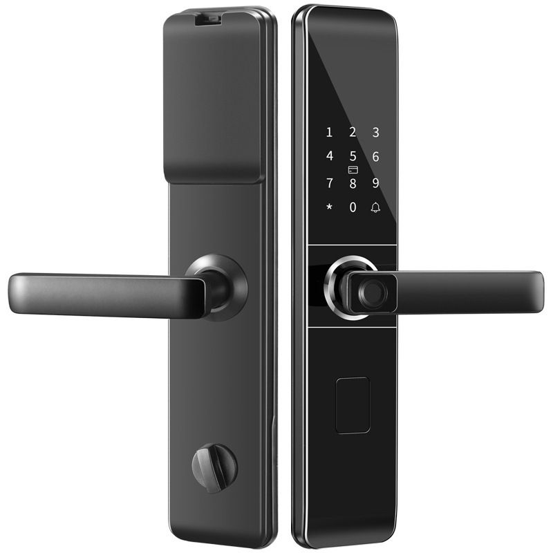 Serrure électronique intelligente à empreinte digitale, entrée sans clé, design élégant, sécurité domestique adaptée aux familles.