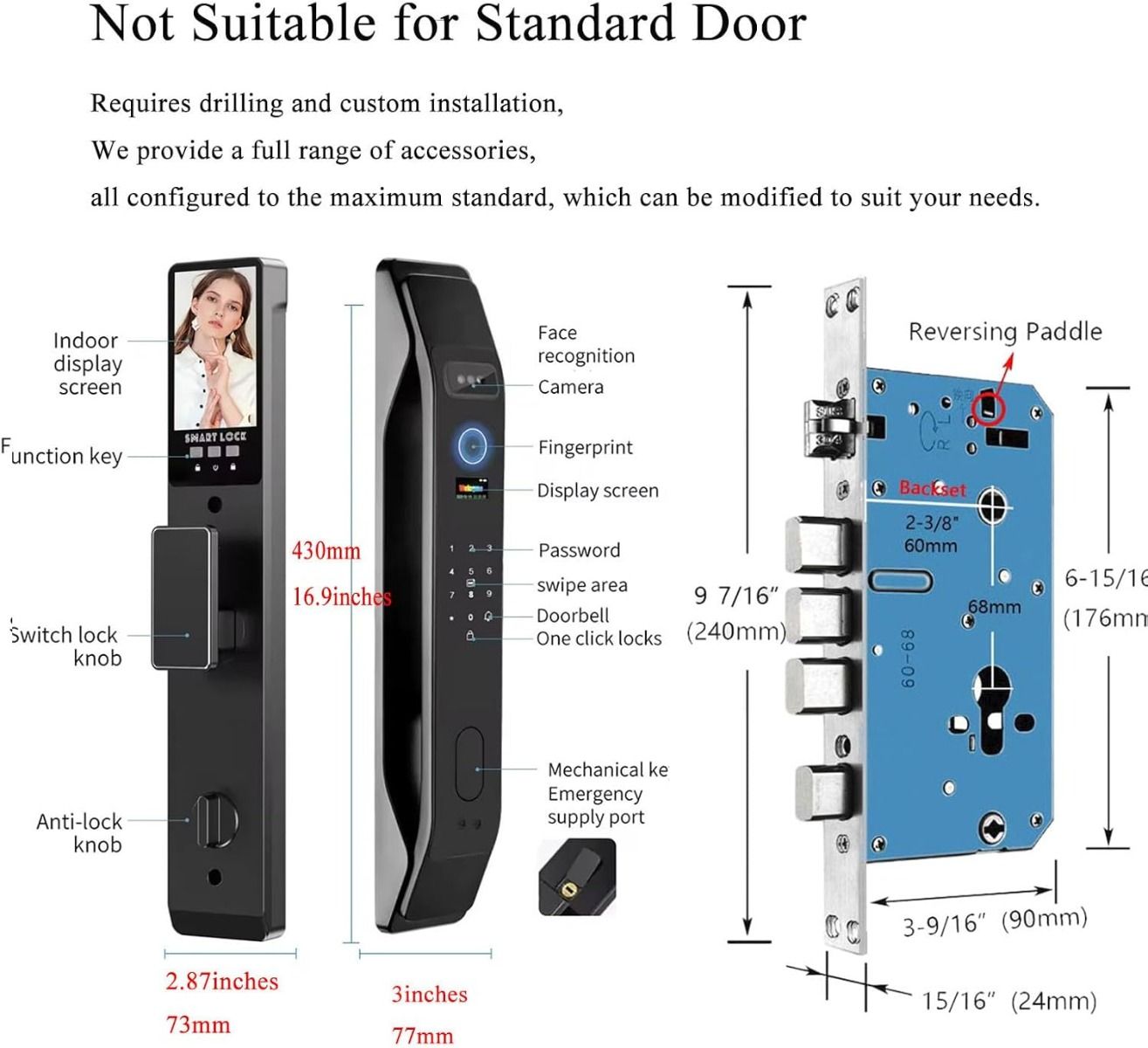 Verrou de porte électronique sans clé avec reconnaissance faciale 3D, caméra, empreinte digitale et mot de passe.