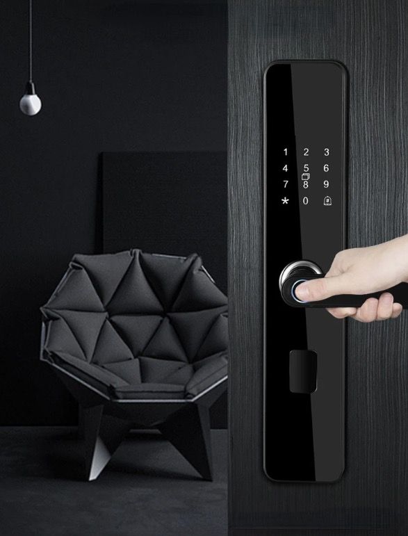 Serrure électronique intelligente à empreinte digitale, entrée sans clé, design élégant, sécurité domestique adaptée aux familles.