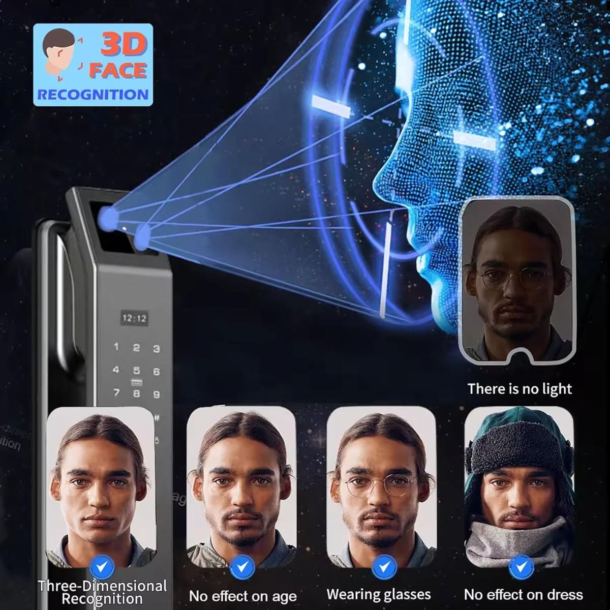 Verrou de porte électronique sans clé avec reconnaissance faciale 3D, caméra, empreinte digitale et mot de passe.