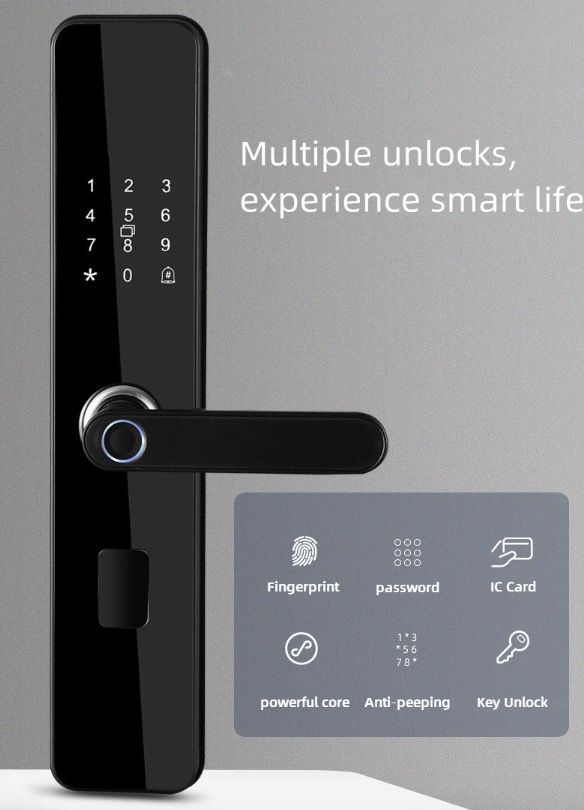 Serrure électronique intelligente à empreinte digitale, entrée sans clé, design élégant, sécurité domestique adaptée aux familles.
