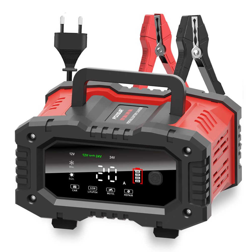 FOXSUR 20A Chargeur de batterie de voiture portable 12V 24V pour moto, camion, batterie AGM LiFePO4 plomb-acide, entretien