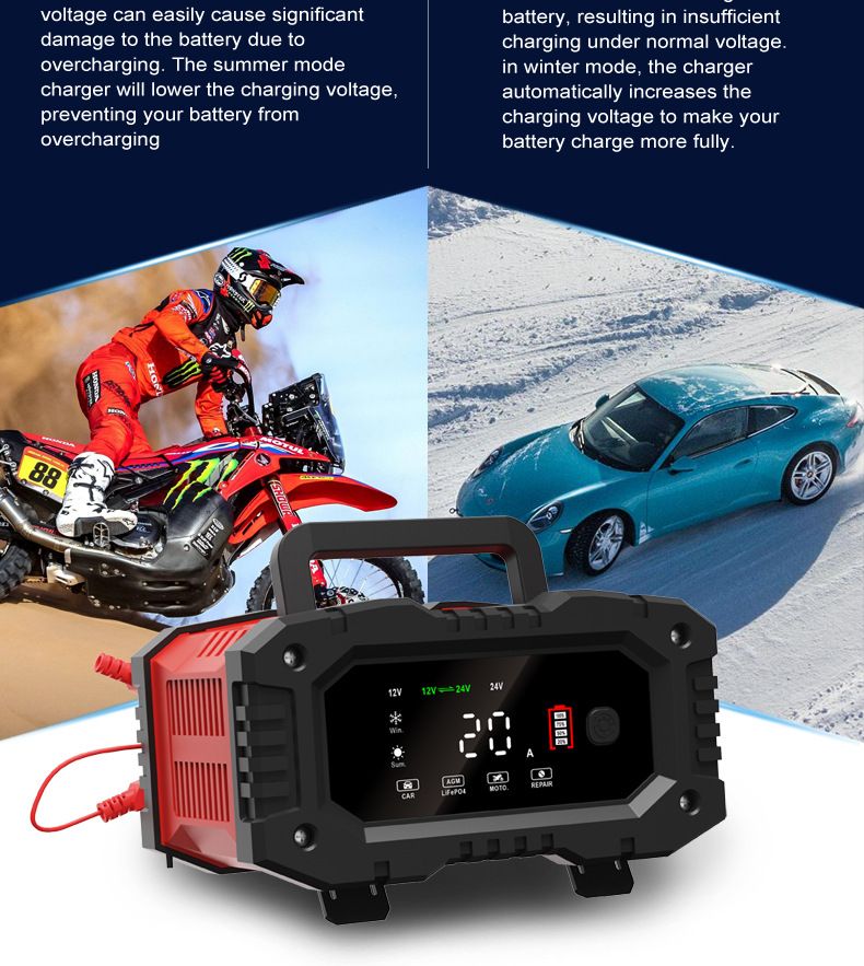 FOXSUR 20A Chargeur de batterie de voiture portable 12V 24V pour moto, camion, batterie AGM LiFePO4 plomb-acide, entretien