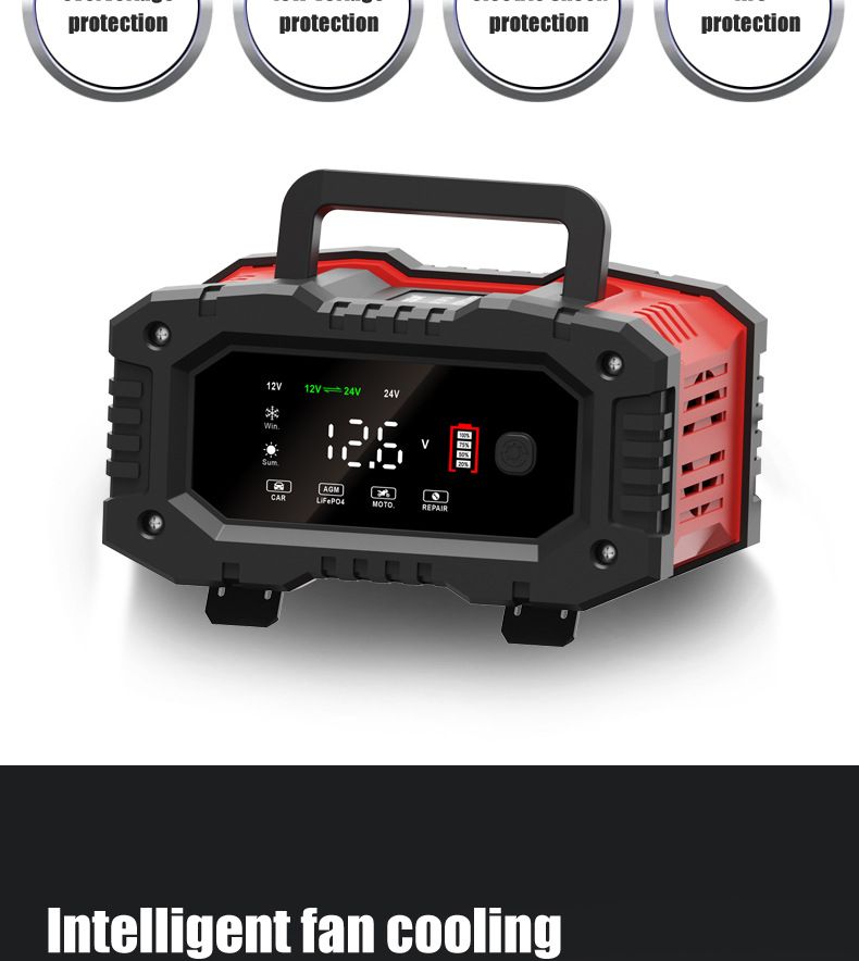 FOXSUR 20A Chargeur de batterie de voiture portable 12V 24V pour moto, camion, batterie AGM LiFePO4 plomb-acide, entretien