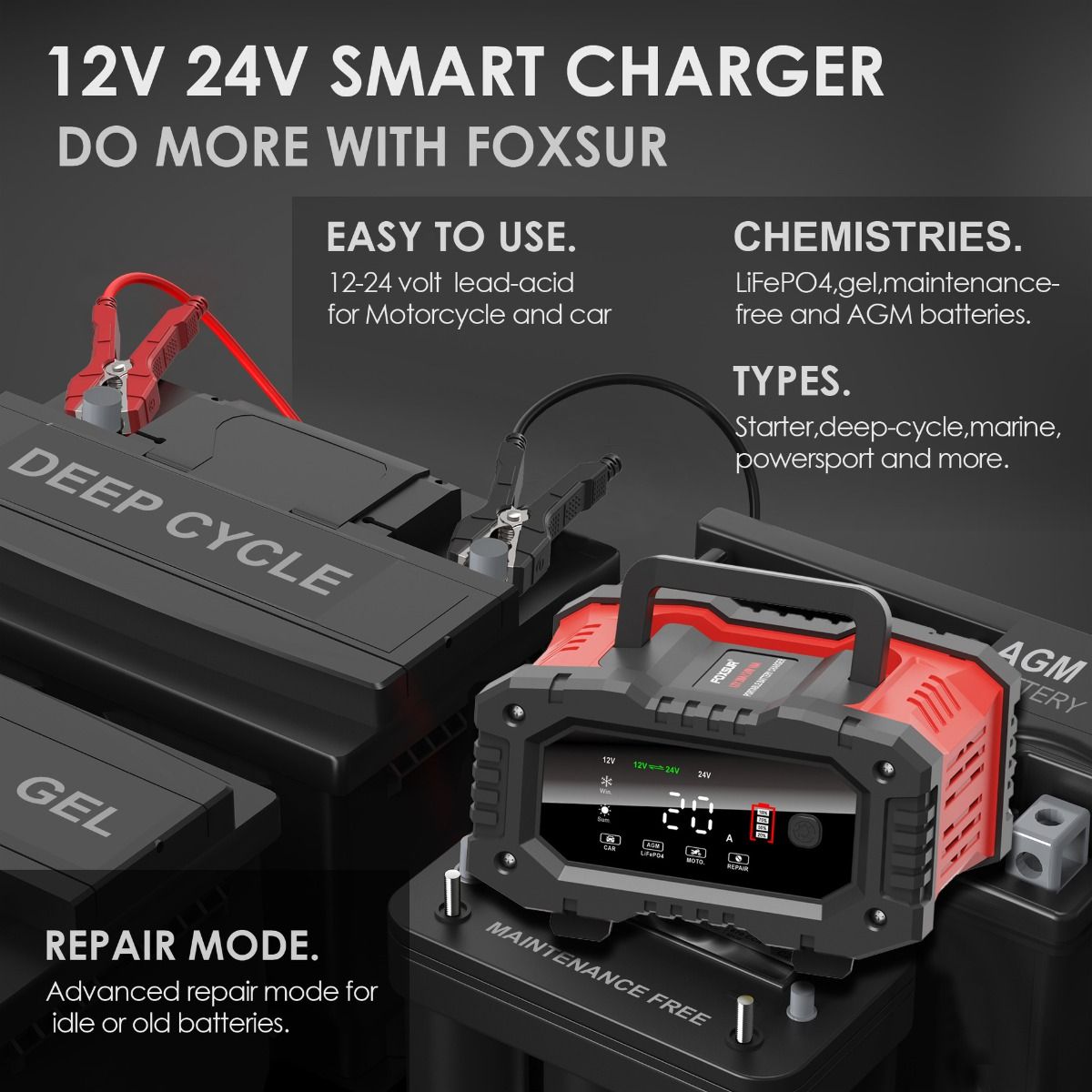 FOXSUR 20A Chargeur de batterie de voiture portable 12V 24V pour moto, camion, batterie AGM LiFePO4 plomb-acide, entretien