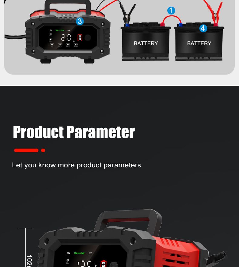 FOXSUR 20A Chargeur de batterie de voiture portable 12V 24V pour moto, camion, batterie AGM LiFePO4 plomb-acide, entretien