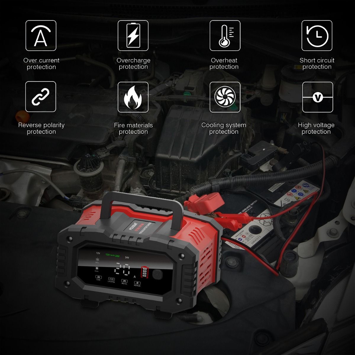 FOXSUR 20A Chargeur de batterie de voiture portable 12V 24V pour moto, camion, batterie AGM LiFePO4 plomb-acide, entretien