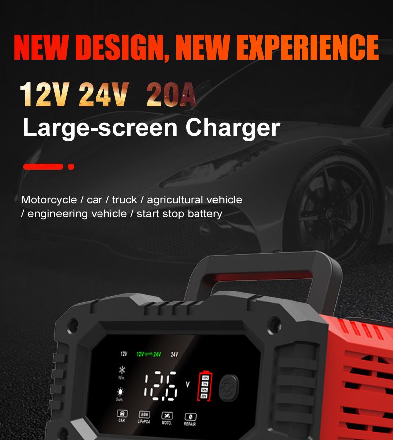 FOXSUR 20A Chargeur de batterie de voiture portable 12V 24V pour moto, camion, batterie AGM LiFePO4 plomb-acide, entretien