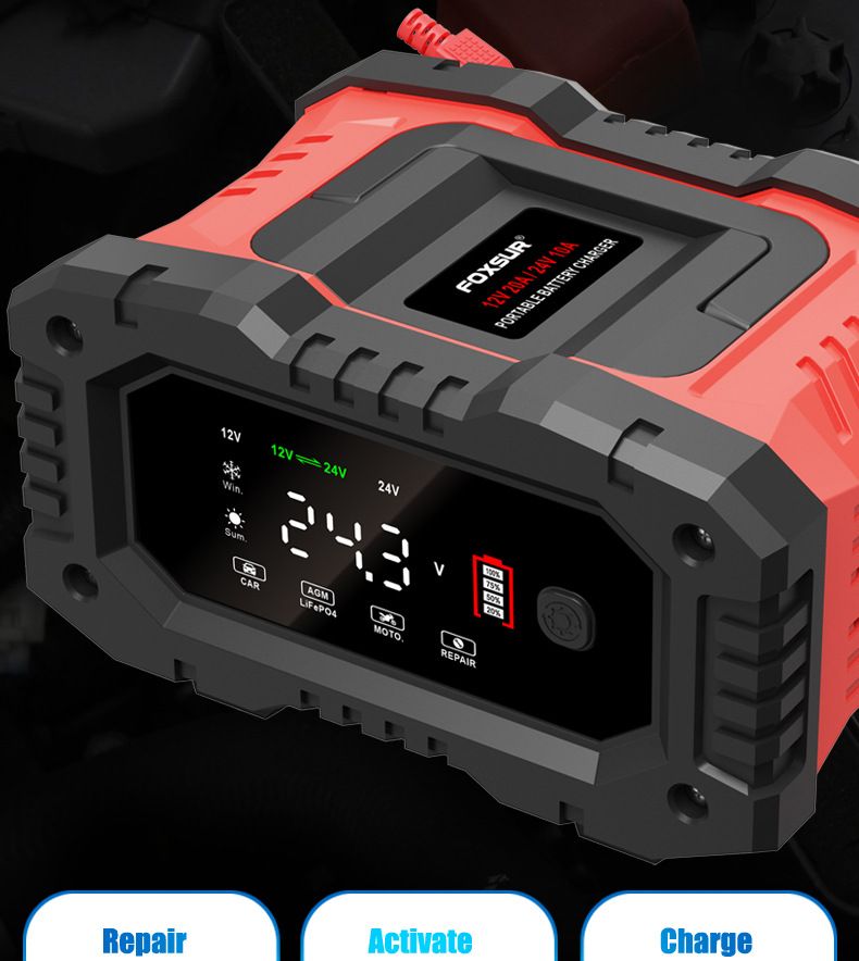 FOXSUR 20A Chargeur de batterie de voiture portable 12V 24V pour moto, camion, batterie AGM LiFePO4 plomb-acide, entretien