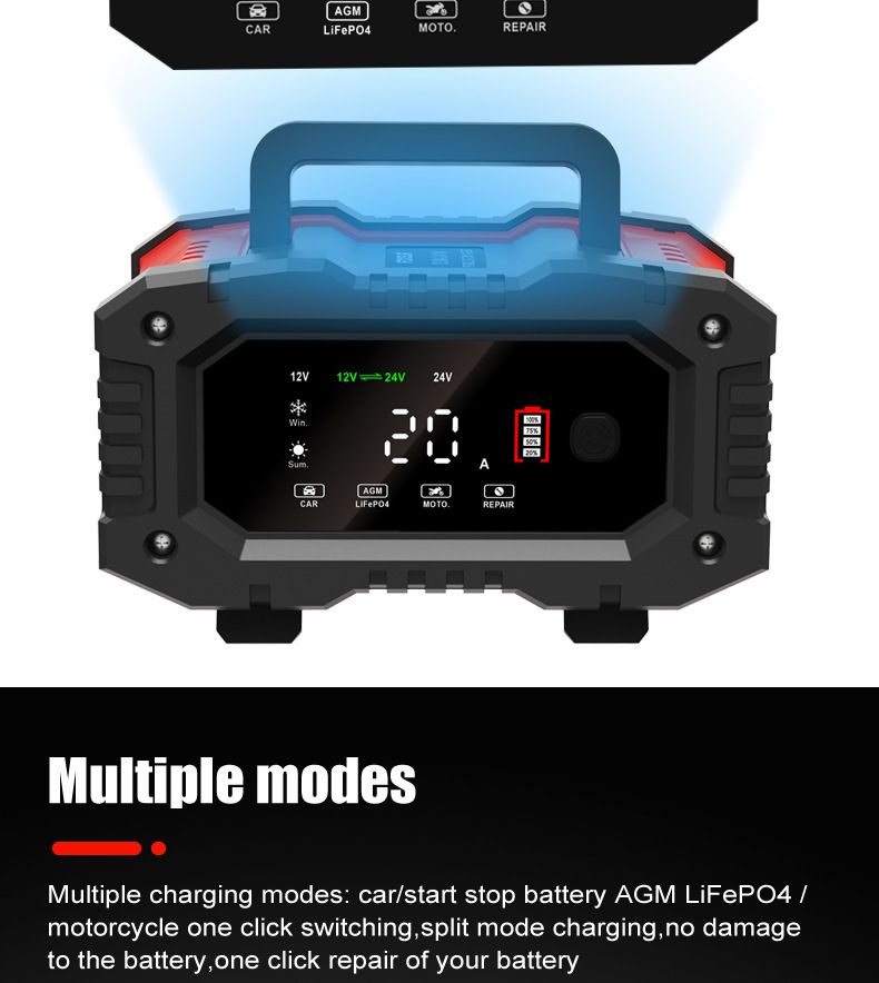 FOXSUR 20A Chargeur de batterie de voiture portable 12V 24V pour moto, camion, batterie AGM LiFePO4 plomb-acide, entretien