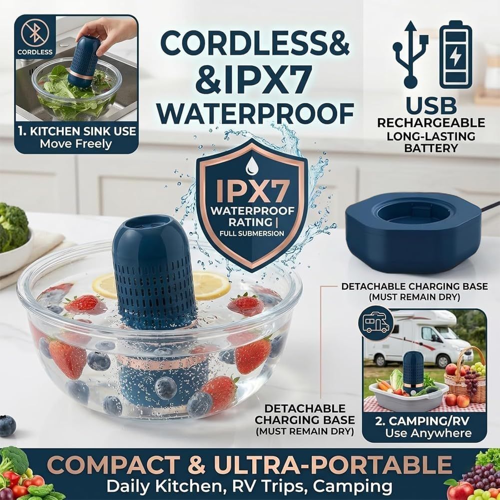 Wireless Rechargeable Food Washer for Produce, Grains, Meat, Seafood - OH-Ion, IPX7 Waterproof