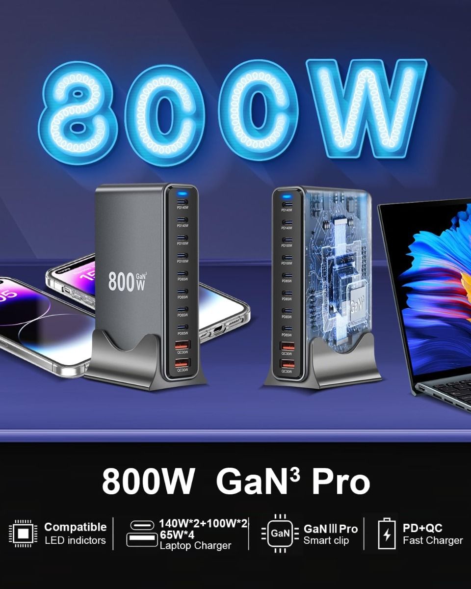 Bloc chargeur rapide USB C 800W, station de charge USB 10 ports, GaN Ⅲ Pro chargeur compatible double port 140W PD PPS