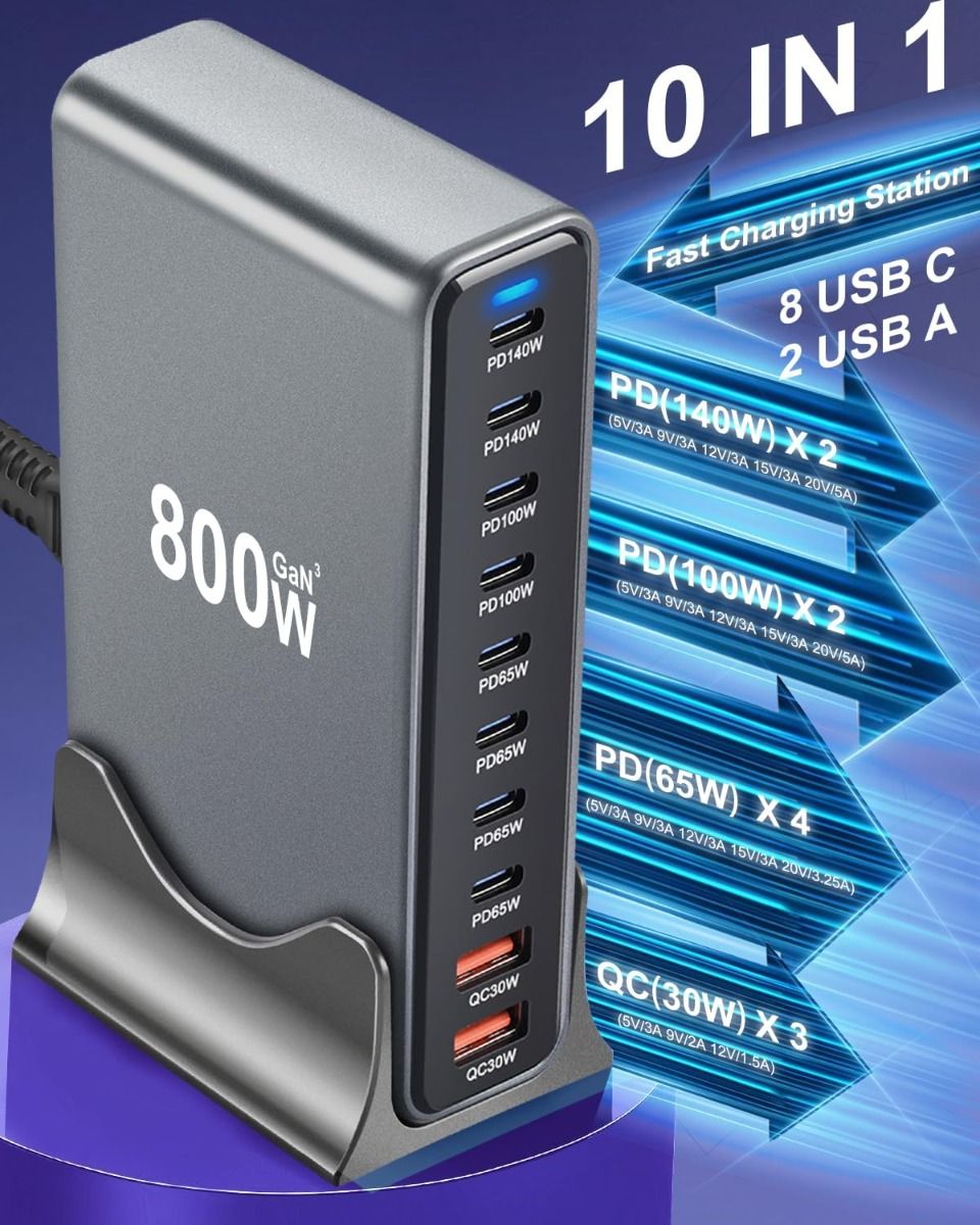 Bloc chargeur rapide USB C 800W, station de charge USB 10 ports, GaN Ⅲ Pro chargeur compatible double port 140W PD PPS