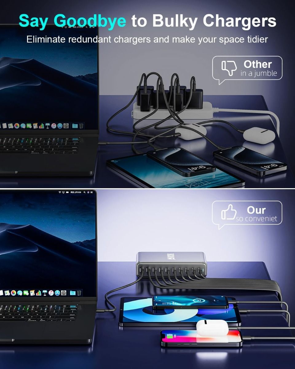 Bloc chargeur rapide USB C 800W, station de charge USB 10 ports, GaN Ⅲ Pro chargeur compatible double port 140W PD PPS