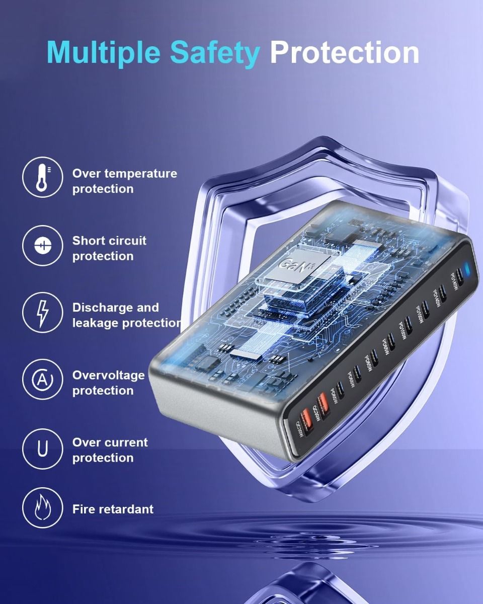 Bloc chargeur rapide USB C 800W, station de charge USB 10 ports, GaN Ⅲ Pro chargeur compatible double port 140W PD PPS
