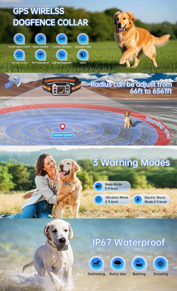 Collier de clôture sans fil pour chien, système de confinement pour animaux GPS, collier anti-aboiement rechargeable pour chien, dresseur anti-aboiement imperméable, pour chiens de 15 à 120 lbs