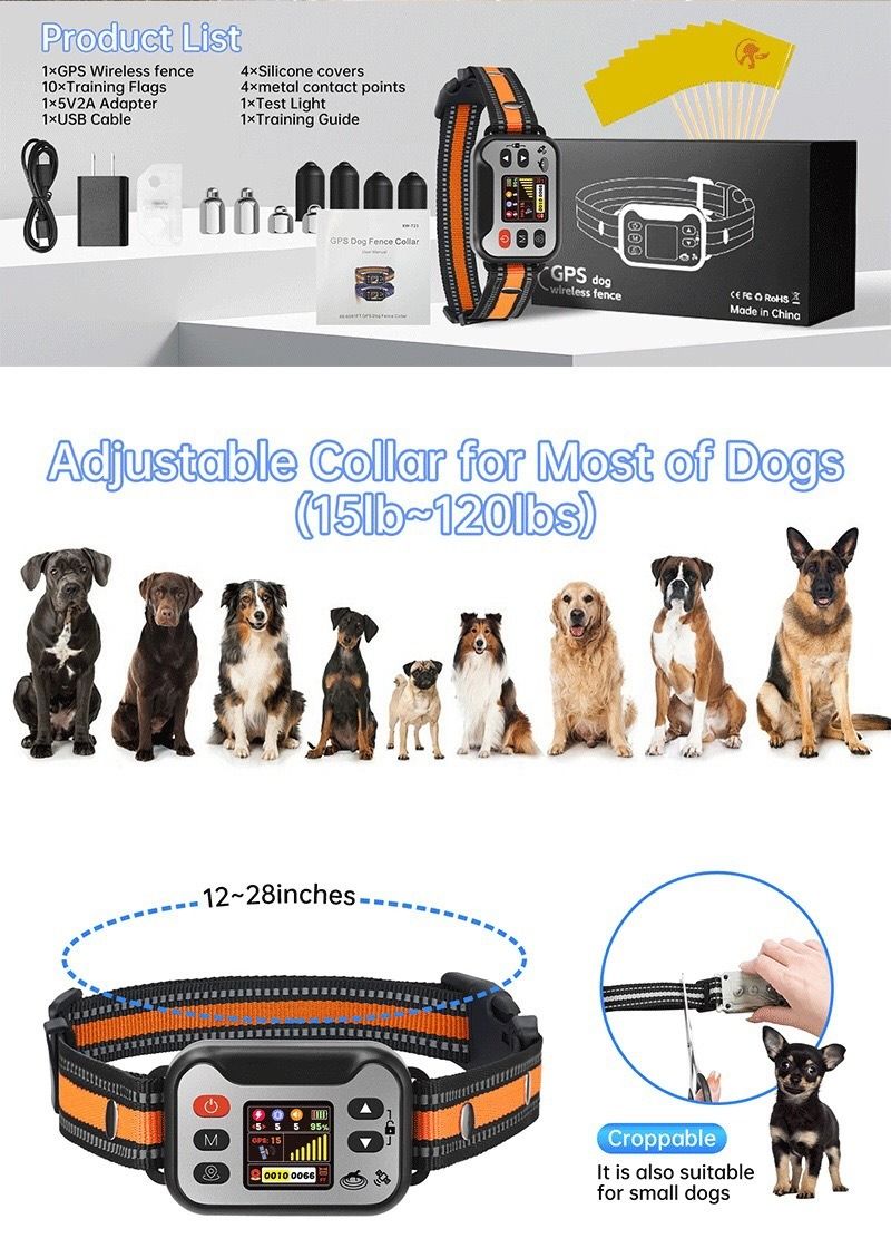 Collier de clôture sans fil pour chien, système de confinement pour animaux GPS, collier anti-aboiement rechargeable pour chien, dresseur anti-aboiement imperméable, pour chiens de 15 à 120 lbs