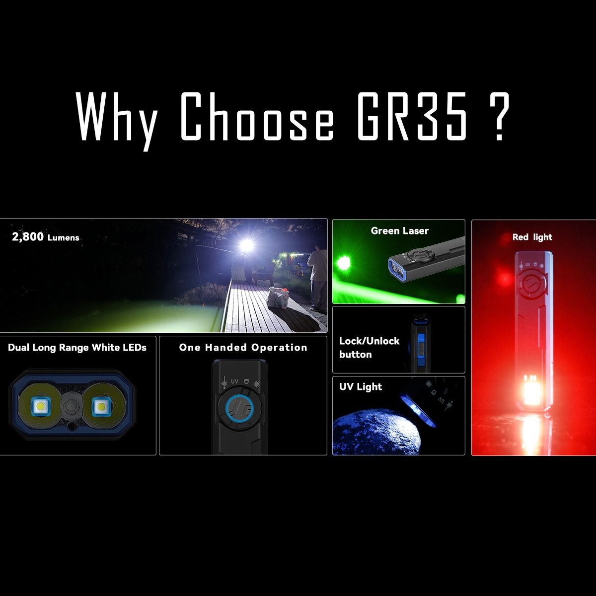 IMALENT GR35 Lampe Torche EDC Verte 2800 Lumens | UV, Laser Rouge, Multifonction, Magnétique & Compacte