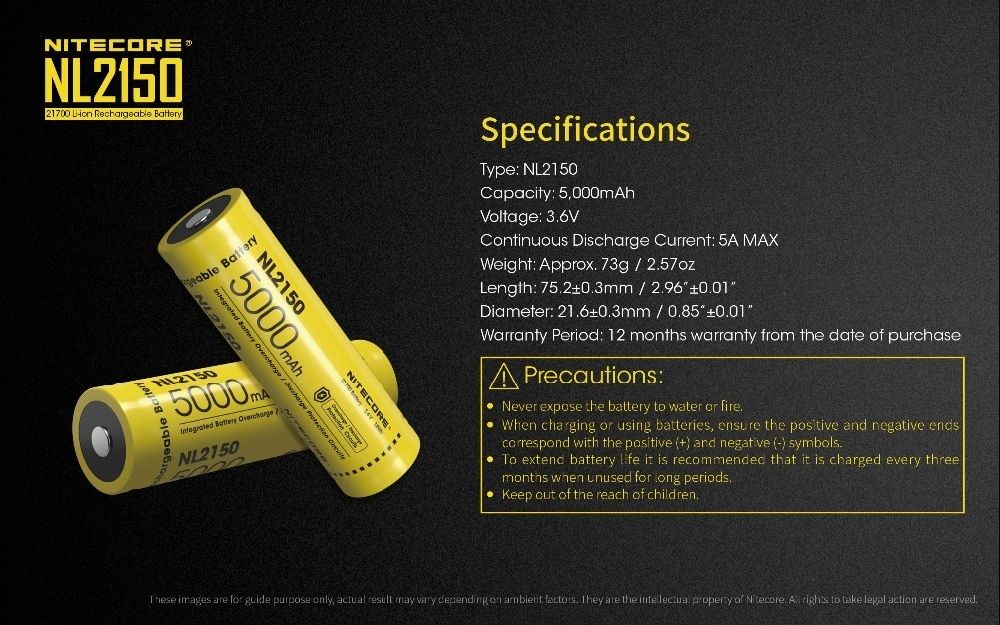 NITECORE NL2150 5000mAh 3.6V 21700 Batterie rechargeable pour lampe torche puissante, drone et équipement extérieur