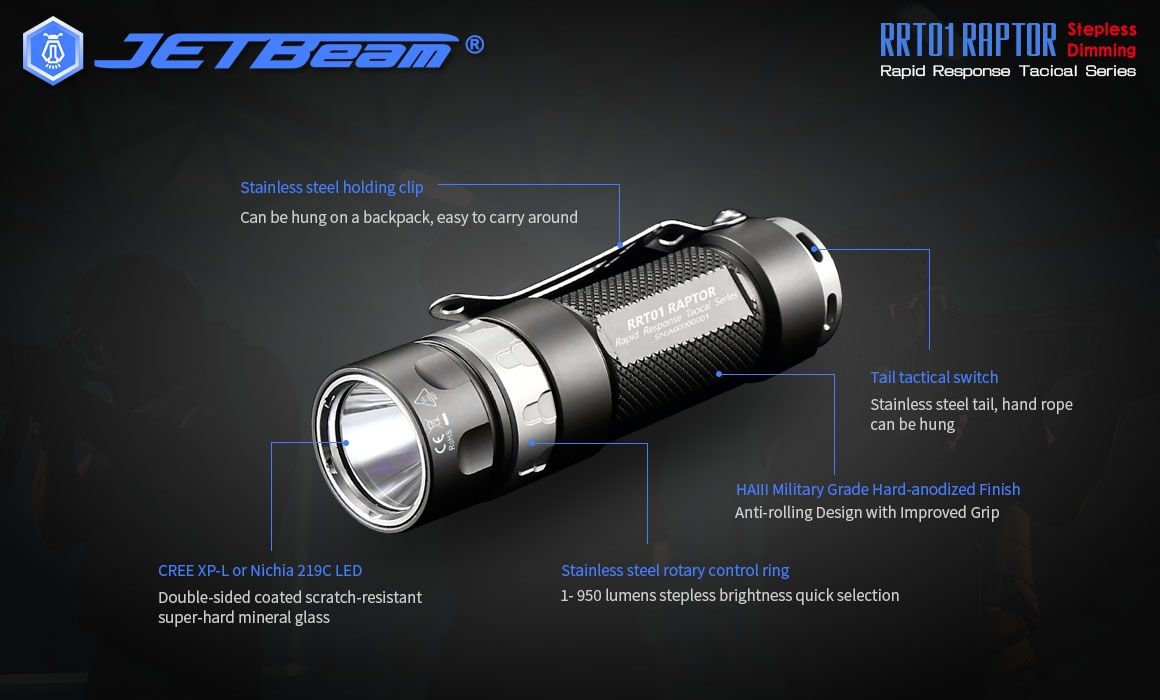 JETBeam JET-RRT01 XP-L 950 Lumen LED EDC Lampe de poche Éclairage extérieur durable pour le camping et la randonnée