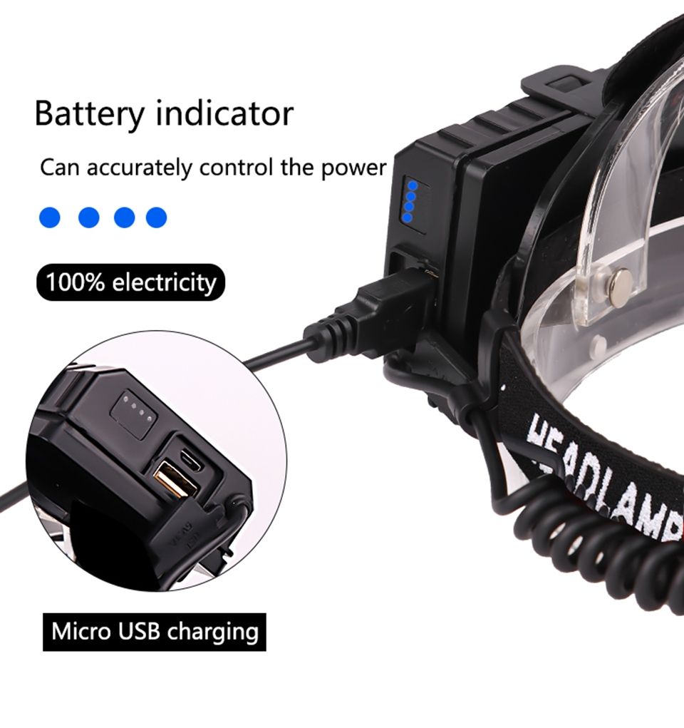 Lampe frontale haute performance XHP70 8000LM avec modes réglables USB étanche IPX5 pour pêche et camping