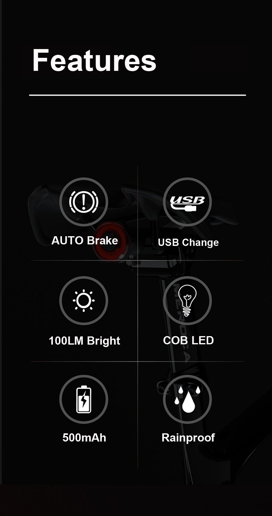 Feu arrière de vélo intelligent avec feu de freinage à démarrage/arrêt automatique, recharge USB, étanche IPX6, feu de sécurité cycliste.