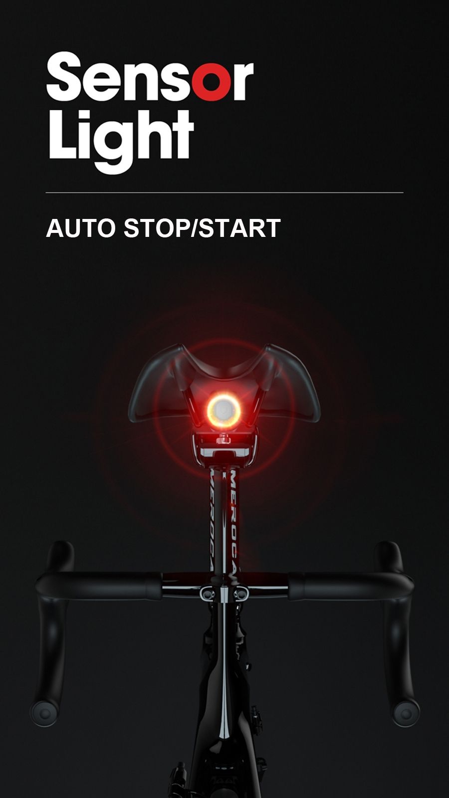 Feu arrière de vélo intelligent avec feu de freinage à démarrage/arrêt automatique, recharge USB, étanche IPX6, feu de sécurité cycliste.
