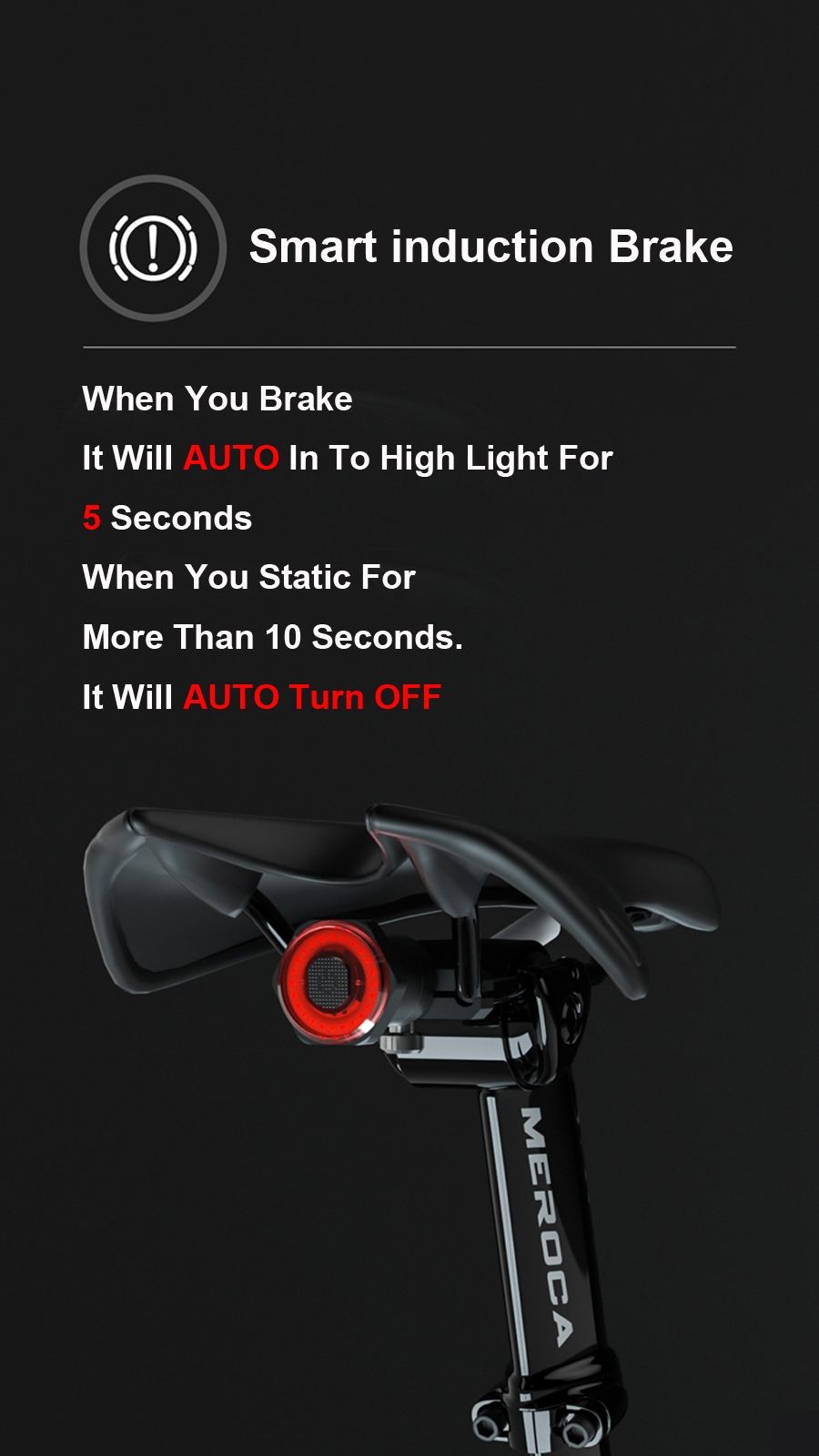 Feu arrière de vélo intelligent avec feu de freinage à démarrage/arrêt automatique, recharge USB, étanche IPX6, feu de sécurité cycliste.