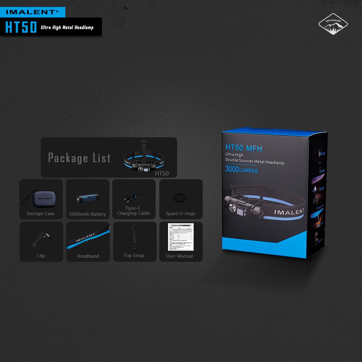 Lampe frontale IMALENT HT50 LED puissante double sources pour aventure camping éclairage extérieur rechargeable