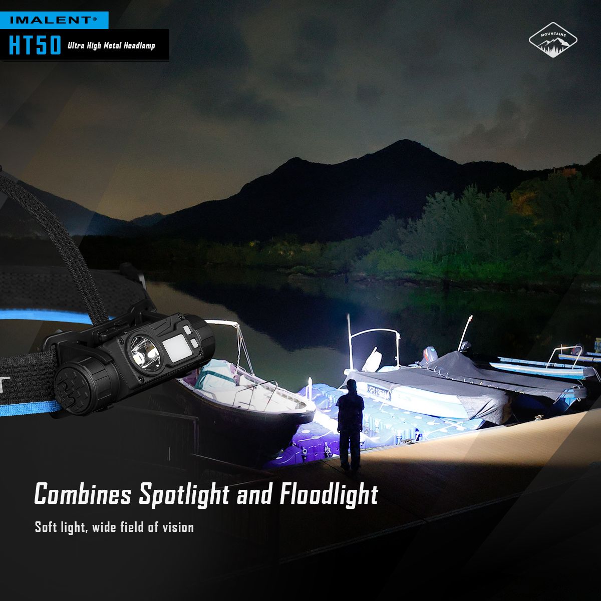 Lampe frontale IMALENT HT50 LED puissante double sources pour aventure camping éclairage extérieur rechargeable