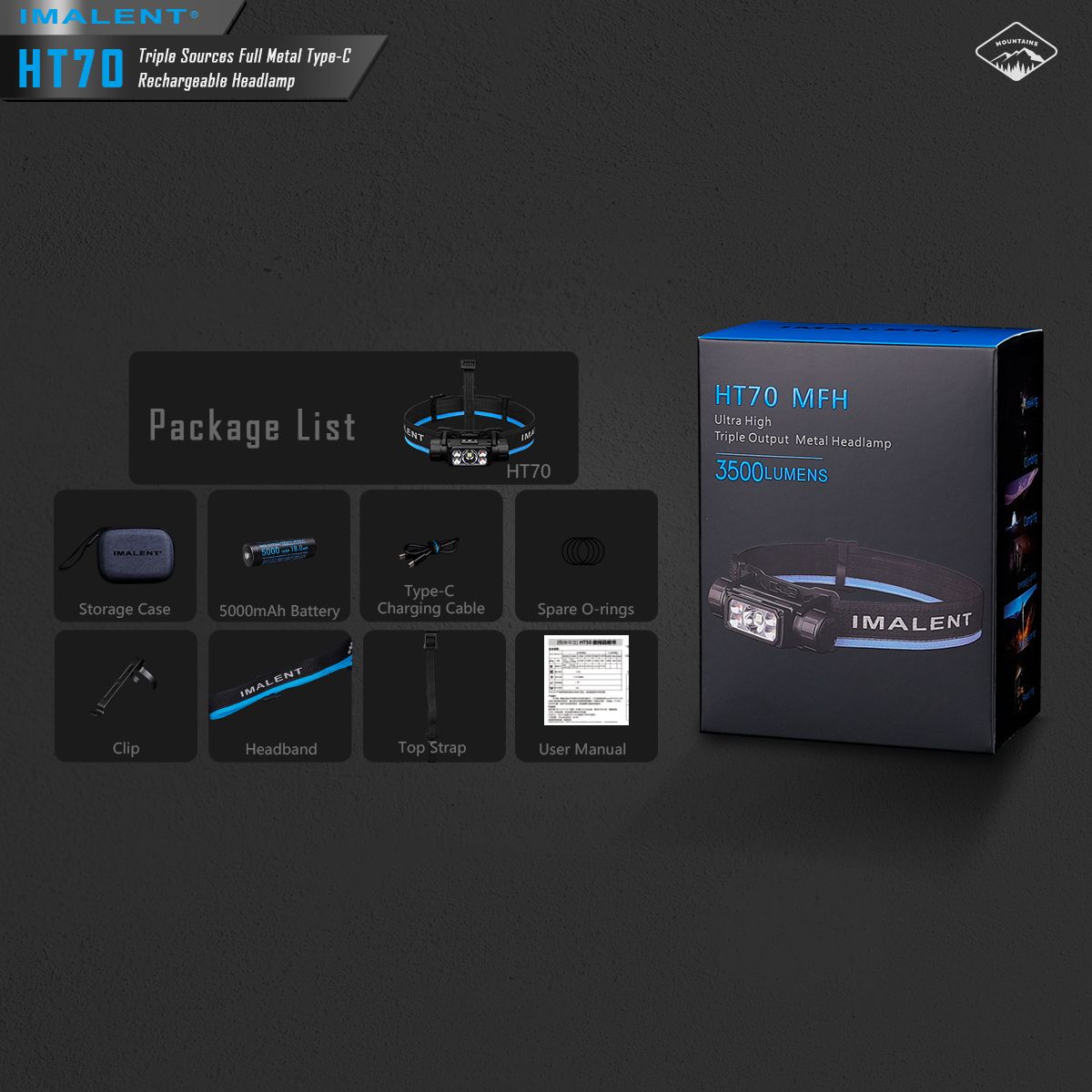Lampe frontale haute performance IMALENT HT70 3500 lumens LED XHP50.3 HI pour aventure en plein air rechargeable