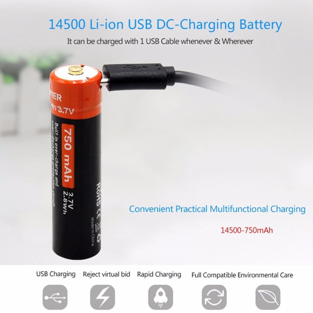 Batterie rechargeable 14500 Li-ion 3.7V 750mAh DoublePow avec port Micro USB et indicateur LED écologique