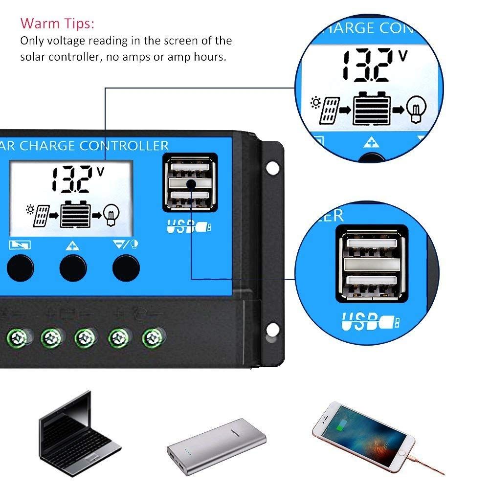 Contrôleur de charge solaire automatique 12V 24V PWM avec affichage LCD et double sortie USB pour camping-cars, cabanes isolées et systèmes domestiques