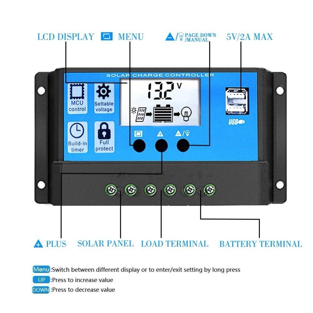 Contrôleur de charge solaire automatique 12V 24V PWM avec affichage LCD et double sortie USB pour camping-cars, cabanes isolées et systèmes domestiques