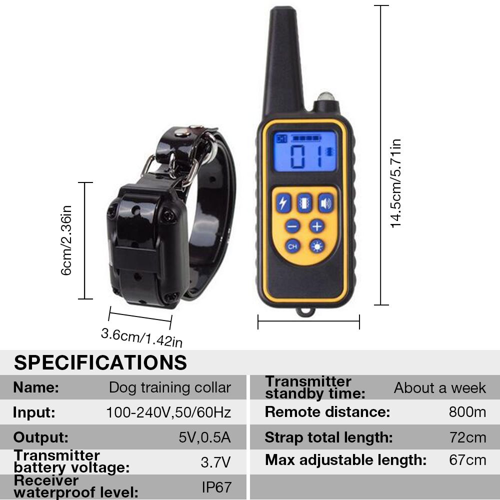 Collier de dressage pour chien électrique à télécommande, étanche, rechargeable, avec niveaux réglables, portée de 800 m, pour chiens de toutes tailles.