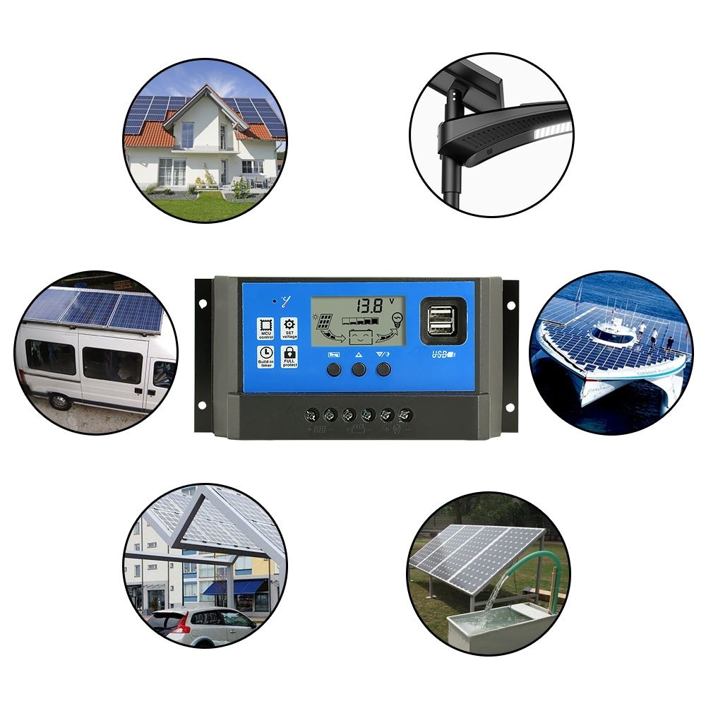 Contrôleur de charge solaire automatique 12V 24V PWM avec affichage LCD et double sortie USB pour camping-cars, cabanes isolées et systèmes domestiques