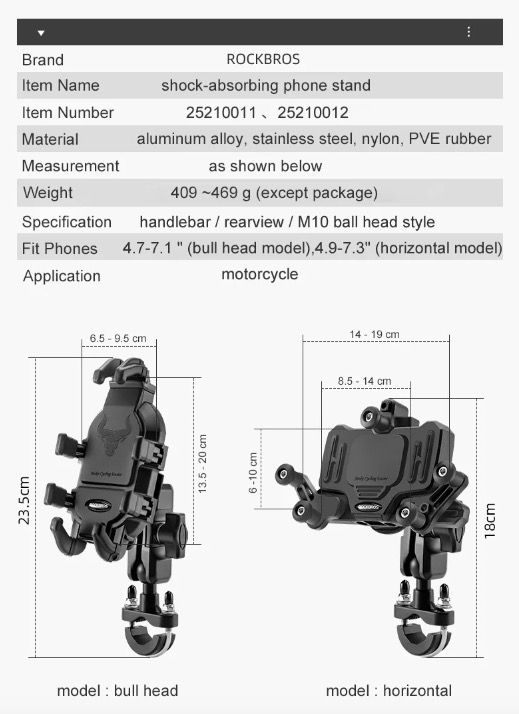 ROCKBROS Support de téléphone en aluminium durable pour moto et vélo, avec support réglable à absorption des chocs en silicone