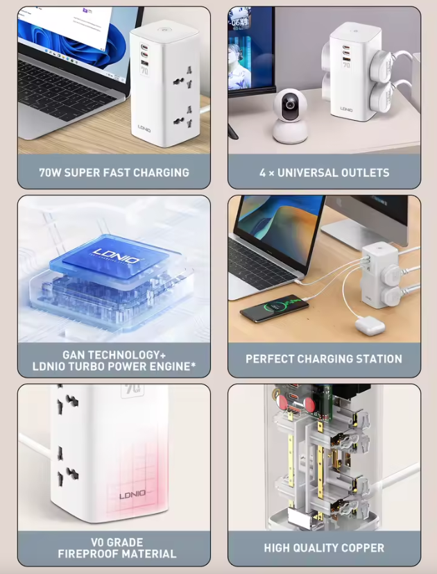 LDNIO Tour Multiprise Cubique avec Prises, Stations de Charge 70W, Filtre de Ligne 4 Prises, Fiche Type UK US EU vers Adaptateur Universel