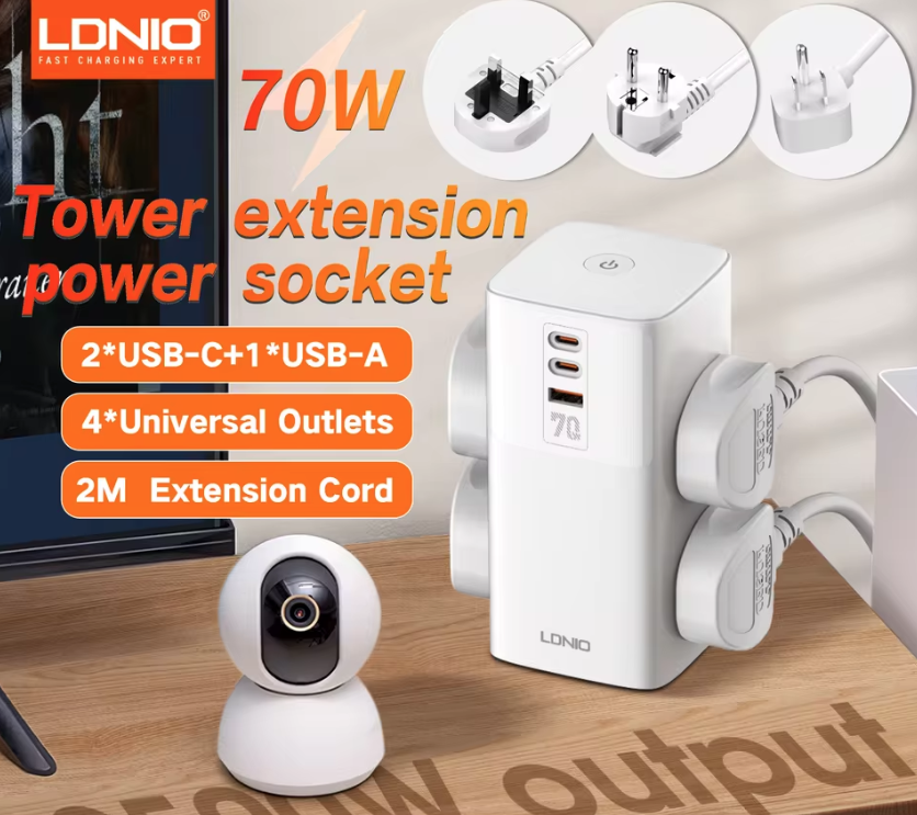 LDNIO Tour Multiprise Cubique avec Prises, Stations de Charge 70W, Filtre de Ligne 4 Prises, Fiche Type UK US EU vers Adaptateur Universel
