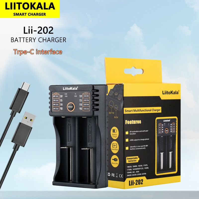 Chargeur intelligent Liitokala Lii-202 pour batteries lithium NiMH 18650, 26650, 21700, double canal avec sortie USB