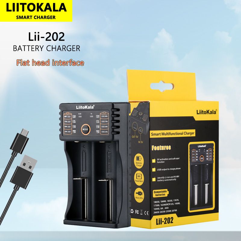 Chargeur intelligent Liitokala Lii-202 pour batteries lithium NiMH 18650, 26650, 21700, double canal avec sortie USB