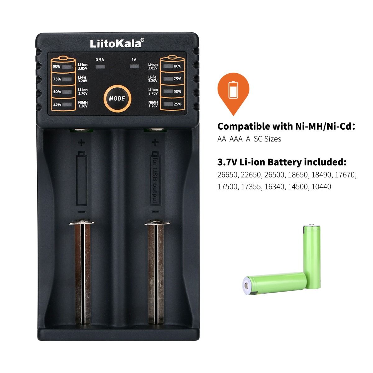 Chargeur intelligent Liitokala Lii-202 pour batteries lithium NiMH 18650, 26650, 21700, double canal avec sortie USB