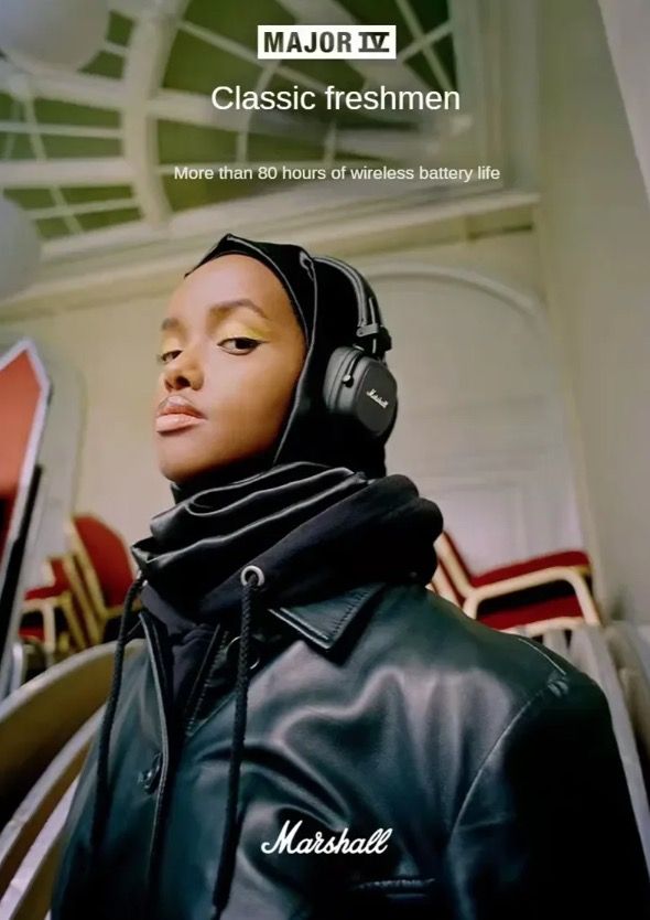 Casque Bluetooth Marshall Major IV : esthétique classique, son signature, basses profondes, charge sans fil.
