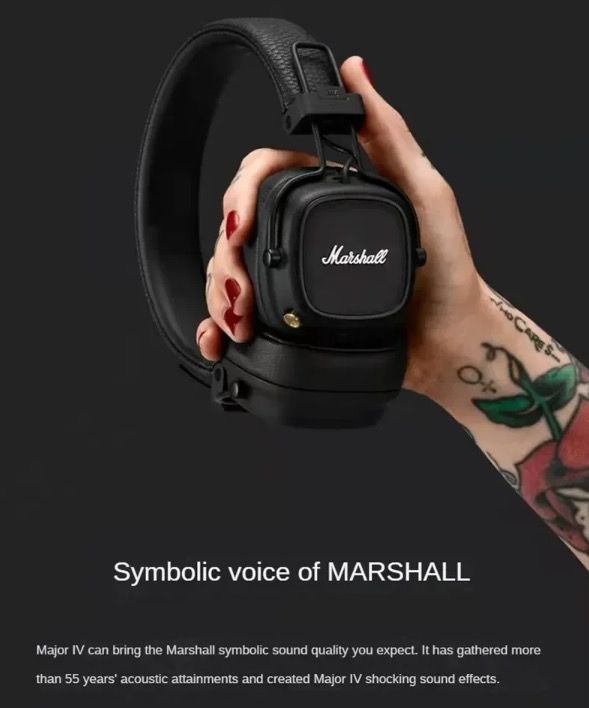Casque Bluetooth Marshall Major IV : esthétique classique, son signature, basses profondes, charge sans fil.