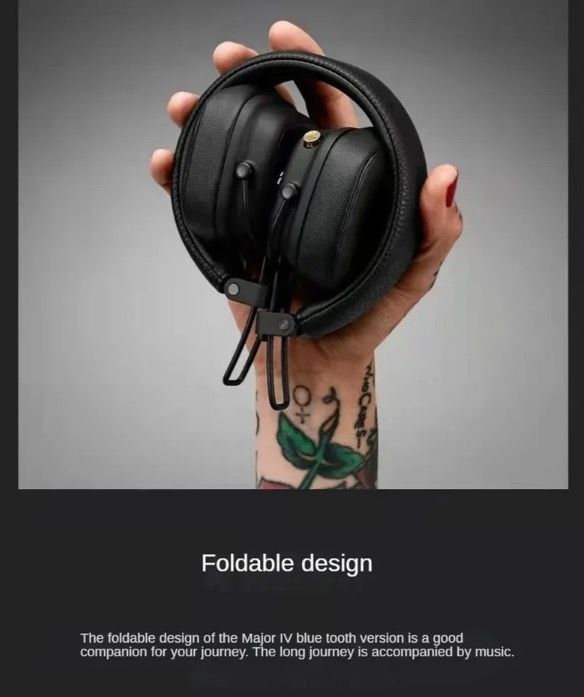 Casque Bluetooth Marshall Major IV : esthétique classique, son signature, basses profondes, charge sans fil.