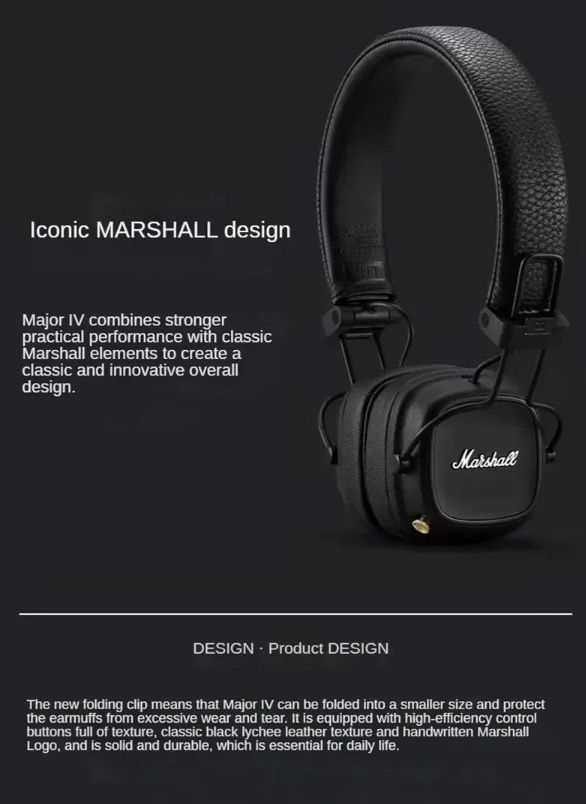 Casque Bluetooth Marshall Major IV : esthétique classique, son signature, basses profondes, charge sans fil.