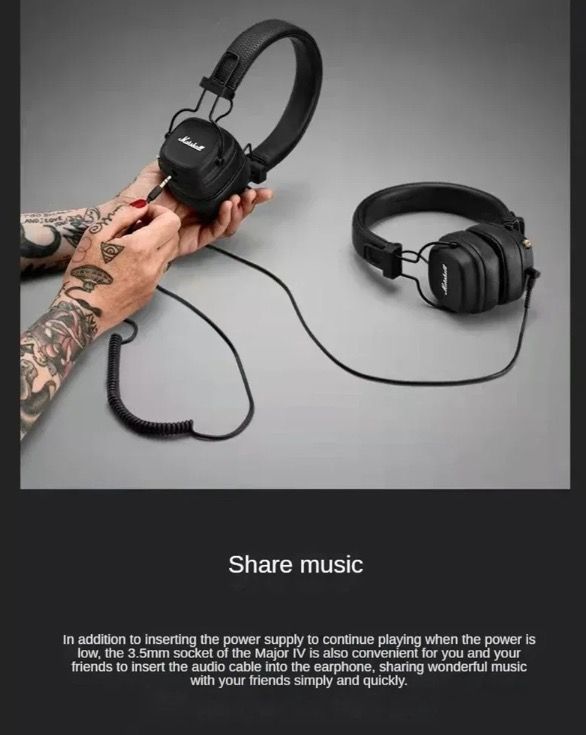 Casque Bluetooth Marshall Major IV : esthétique classique, son signature, basses profondes, charge sans fil.