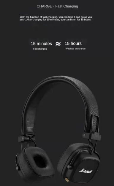 Casque Bluetooth Marshall Major IV : esthétique classique, son signature, basses profondes, charge sans fil.