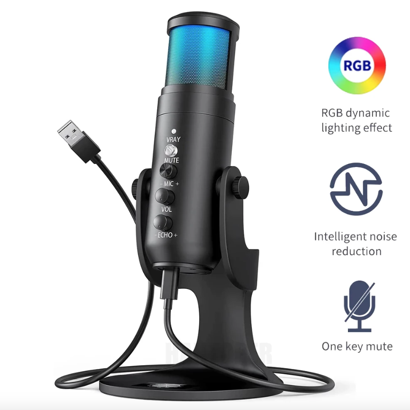 MU900PRO Microphone USB RGB pour Streaming avec éclairage RGB dynamique et diagramme polaire cardioïde pour une qualité sonore élevée